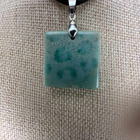 Light Green Coral Fossil Pendant Necklace on Black Satin Rope - Picture 8 of 15